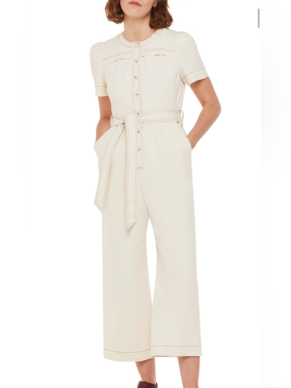 Whistles Cream Button-Front Jumpsuit with Waist Tie size 2
